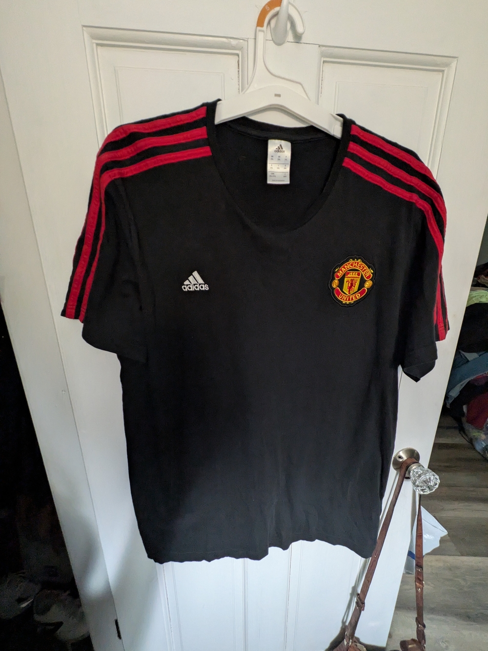 2017 Adidas Manchester United T Shirt Mens 2XL Black Red 3 Stripe Blokecore